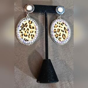 Leopard Print Silver Earrings with Rhinestone Accents